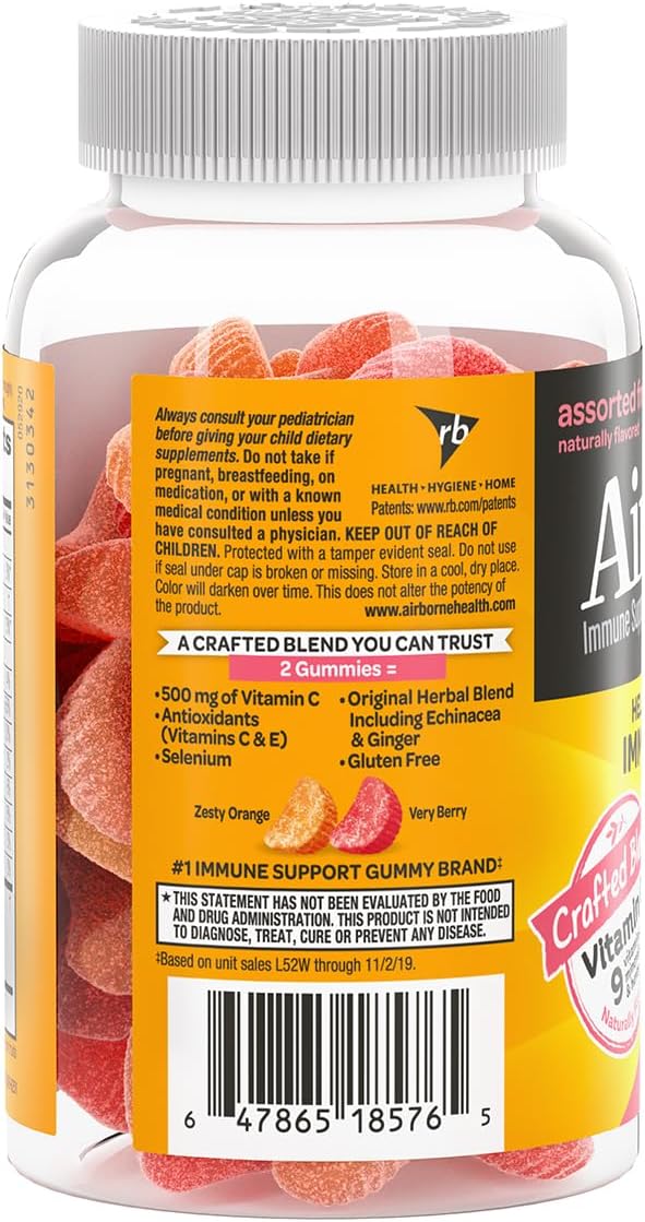 Airborne 500mg Vitamin C + Zinc Immune Support Gummies for Kids, Assorted Fruit Flavours, Gluten-free, 42 Gummies (6 Pack) - görsel 4