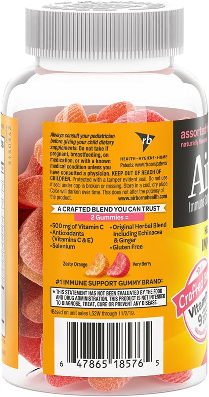 Airborne 500mg Vitamin C + Zinc Immune Support Supplement Gummies for Kids, Assorted Fruit Flavour, Gluten-free, 42 Gummies (3 Pack)