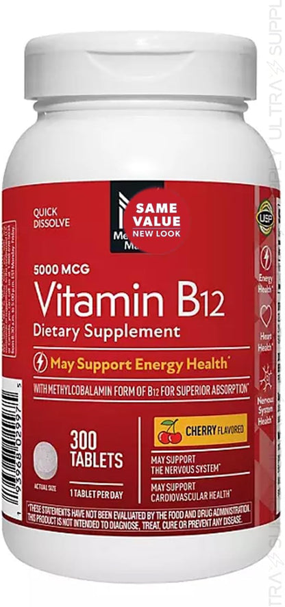 Members Mark Vitamin B12 (300 Count) Quick Dissolve Tablets, 5000 mcg – Cherry Flavour Methylcobalamin for Energy & Nervous System Support – USP Verified