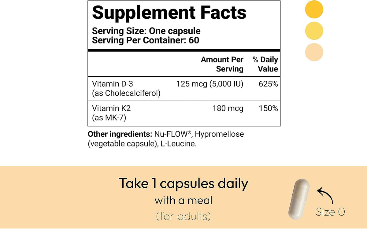 Vitamin D3 K2 5000 IU with MK7 (180 mcg) - Vegan Capsules, 60 Servings - görsel 8