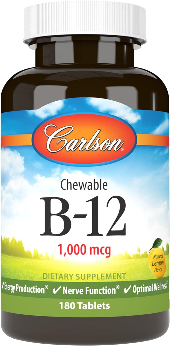 Carlson Chewable B12, 1000 mcg, Energy Metabolism, Nerve Function & Overall Wellbeing, Lemon Flavour, 180 Tablets - görsel 1