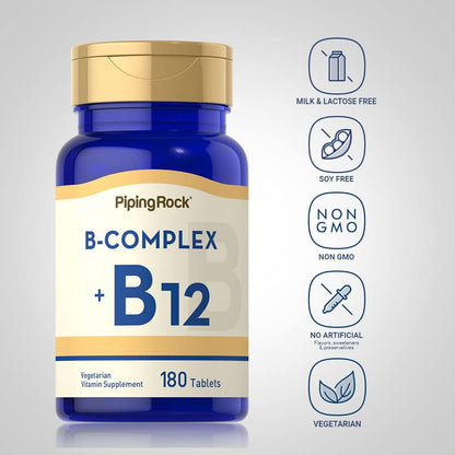 Piping Rock Vitamin B Complex | 180 Tablets | with B12 | Vegetarian, Non-GMO, Soya-free Supplement