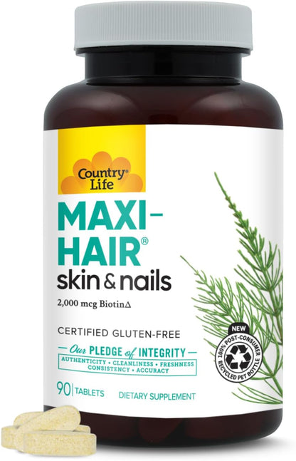 Country Life Maxi-Hair Food Supplement, Biotin 2000mcg, 90 Tablets