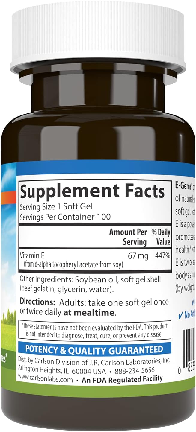Carlson E-Gems Natural-Source Vitamin E 100 IU (67 mg) - 100 Soft Gels - görsel 2