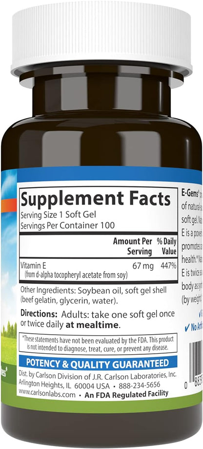 Carlson E-Gems Natural-Source Vitamin E 100 IU (67 mg) - 100 Soft Gels