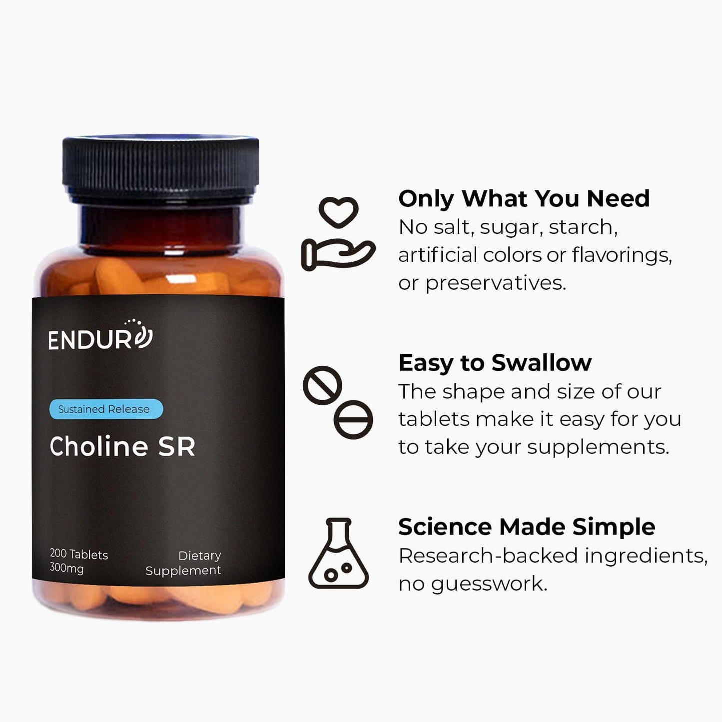 Endur Choline L(+) Bitartrate 300 mg Sustained Release Tablets (200 Count) - görsel 5