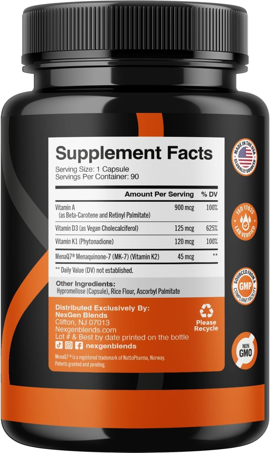 NexGen Blends ADK Vitamin Supplement: Vegan D3 K2 MK7 & A - 5000 IU, 3-Month Supply - görsel 2