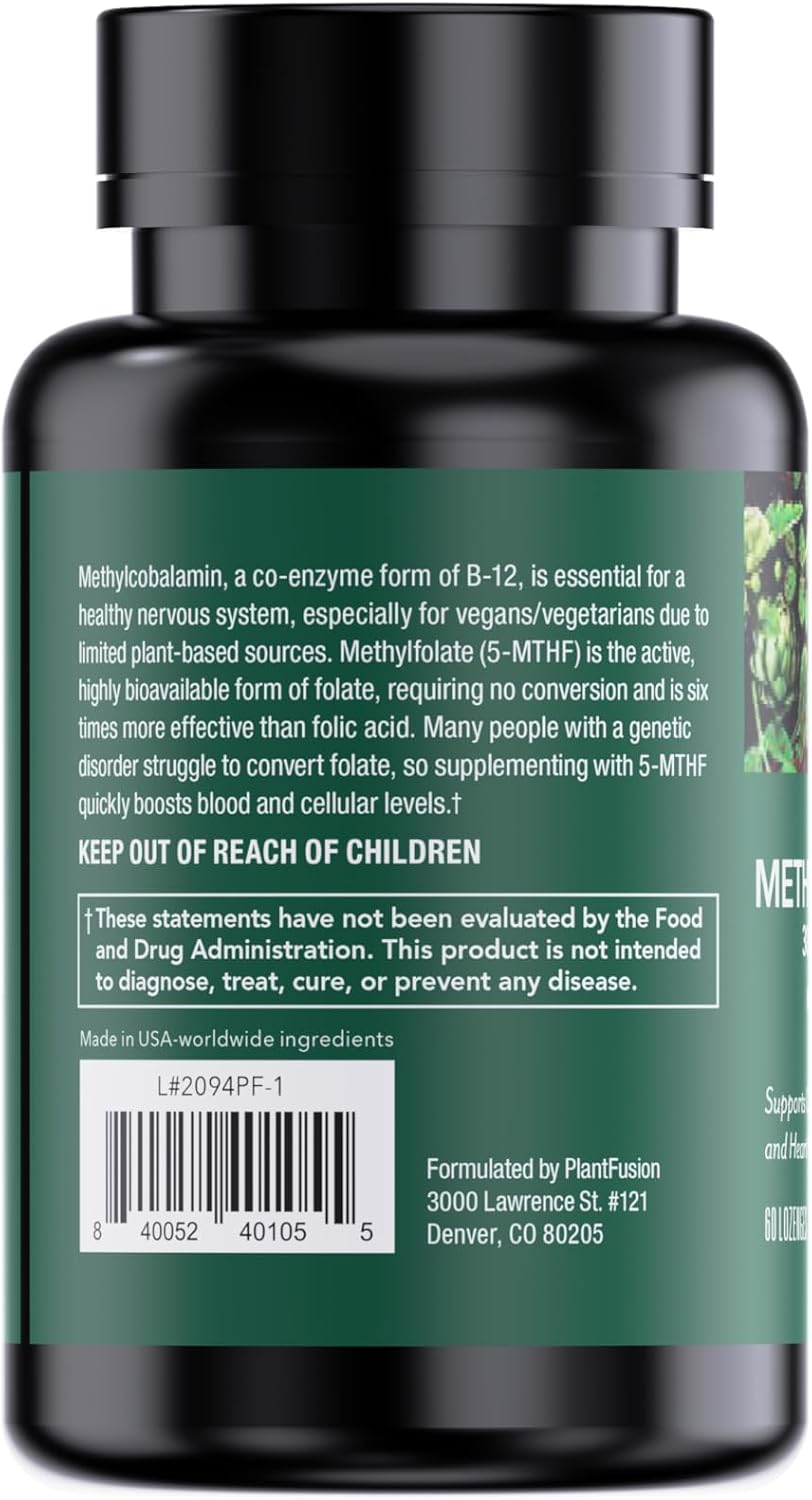 PlantFusion Vegan B12 Methyl 3000 mcg + Folate 400mcg - Sublingual Vitamins - Contributes to Normal Energy, Homocysteine & Nervous System Function - Cherry Flavour, 60 High Potency Lozenges for Fast Absorption - görsel 6