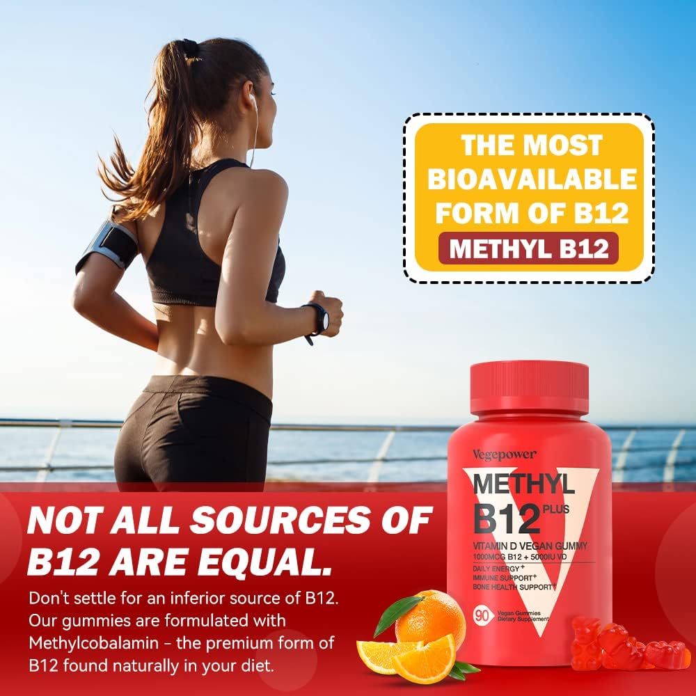 VEGEPOWER Vitamin B12 1000 mcg Gummies for Adults - Vegan Methyl B12 & D3 5000 IU - Orange Flavour 180 Bears - görsel 3