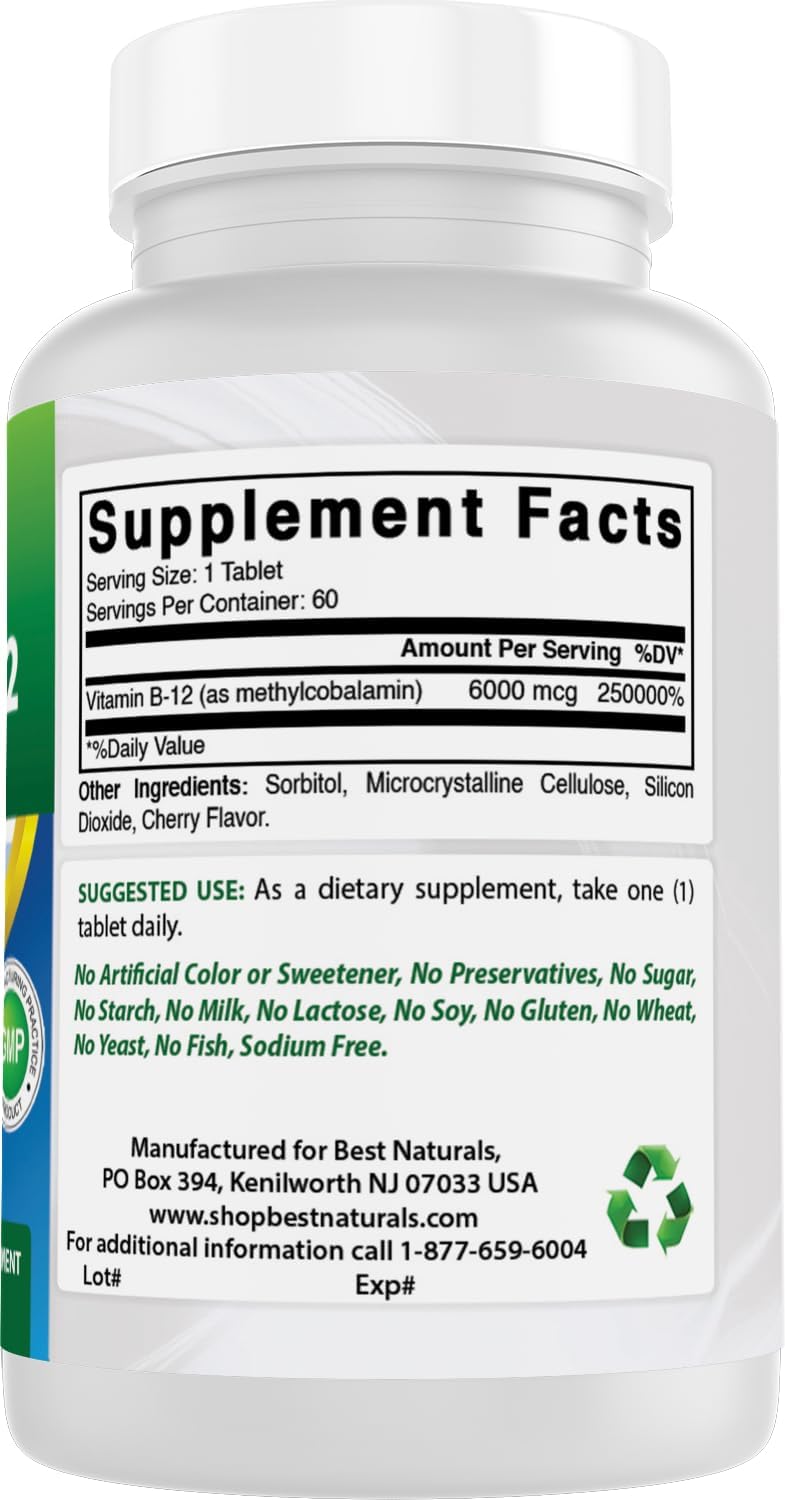 Best Naturals Vitamin B-12 as Methylcobalamin (Methyl B12) - 6000 mcg, 60 Tablets - görsel 6