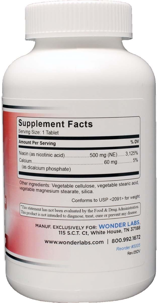 Wonder Laboratories High Potency Time Release Niacin (Vitamin B3) 500 mg 100 Tablets - Non-GMO, Gluten-free Food Supplement - görsel 3