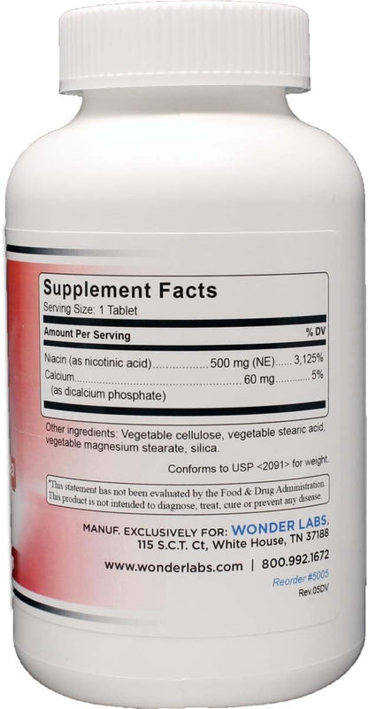 Wonder Laboratories High Potency Time Release Niacin (Vitamin B3) 500 mg 100 Tablets - Non-GMO, Gluten-free Food Supplement