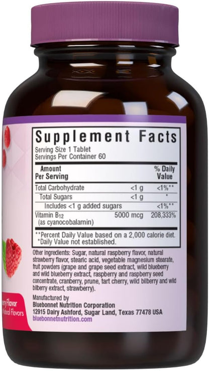 Bluebonnet Nutrition Earth Sweet Vitamin B12 5000 mcg Chewable Tablets - Vegan, Gluten-Free, Raspberry Flavour