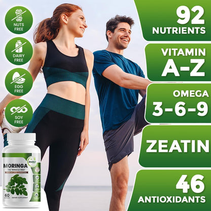 Pure Moringa Oleifera Green Superfood Capsules with Vitamin C, Omega 3 & Amino Acids - 60 Capsules