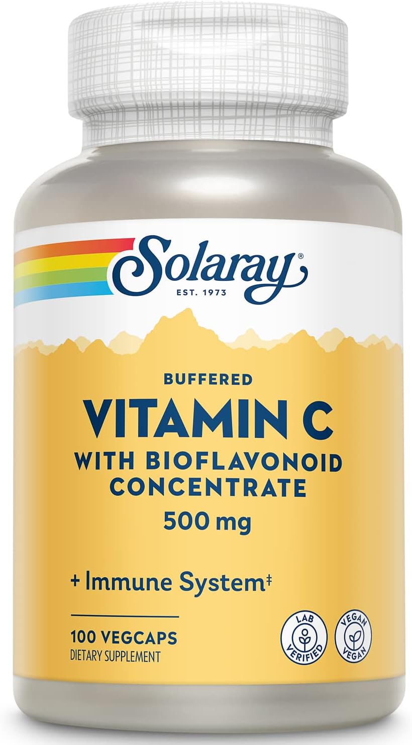 SOLARAY Buffered Vitamin C 500mg with Bioflavonoids, Rose Hips and Acerola Cherry - Immune Support Supplement - Gentle on the Stomach, Vegan, Lab Verified - 100 Veg Capsules - görsel 1