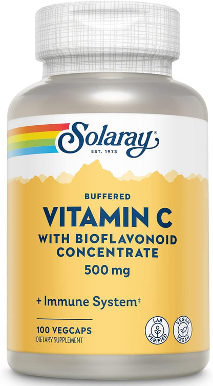 SOLARAY Buffered Vitamin C 500mg with Bioflavonoids, Rose Hips and Acerola Cherry - Immune Support Supplement - Gentle on the Stomach, Vegan, Lab Verified - 100 Veg Capsules