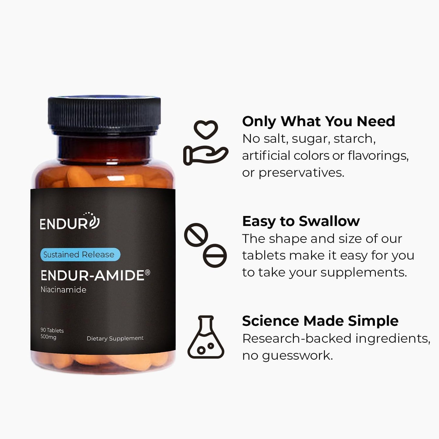 ENDUR-AMIDE Sustained-Release Niacinamide 500mg | Supports Normal Skin & Energy-Yielding Metabolism | Gluten-free (90 Tablets) - görsel 5