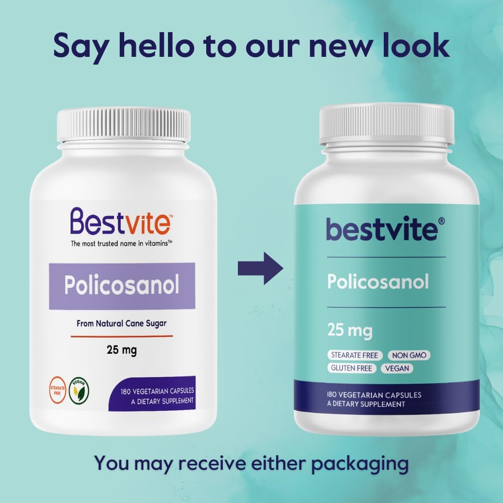 BESTVITE Policosanol 25mg (180 Vegetarian Capsules) - No Stearates, Vegan, Non-GMO, Gluten-free - görsel 3
