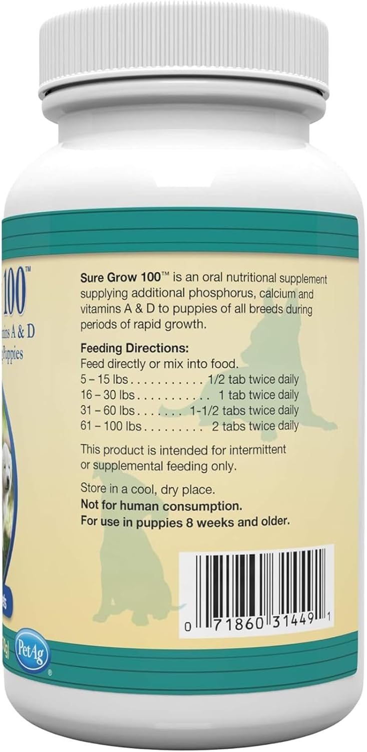 PetAg Sure Grow 100 - Promotes Optimal Bone Development in Puppies Eight Weeks and Older - with Calcium, Phosphorus, and Vitamins A & D - 100 Chewable Tablets - görsel 6