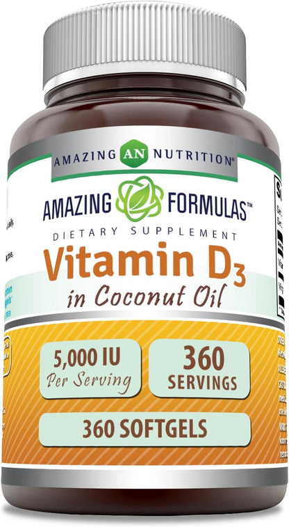 Amazing Formulae Vitamin D3 5000 IU in Coconut Oil, 360 Softgels