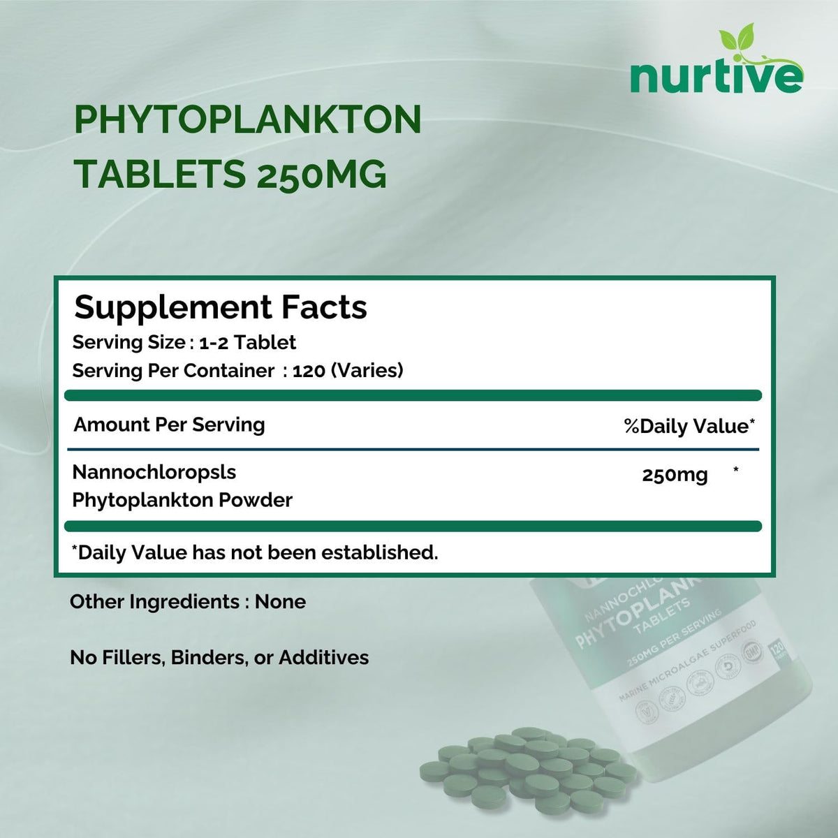 NURTIVE Nannochloropsis Phytoplankton Tablets – 250mg, 120 Tablets - görsel 8