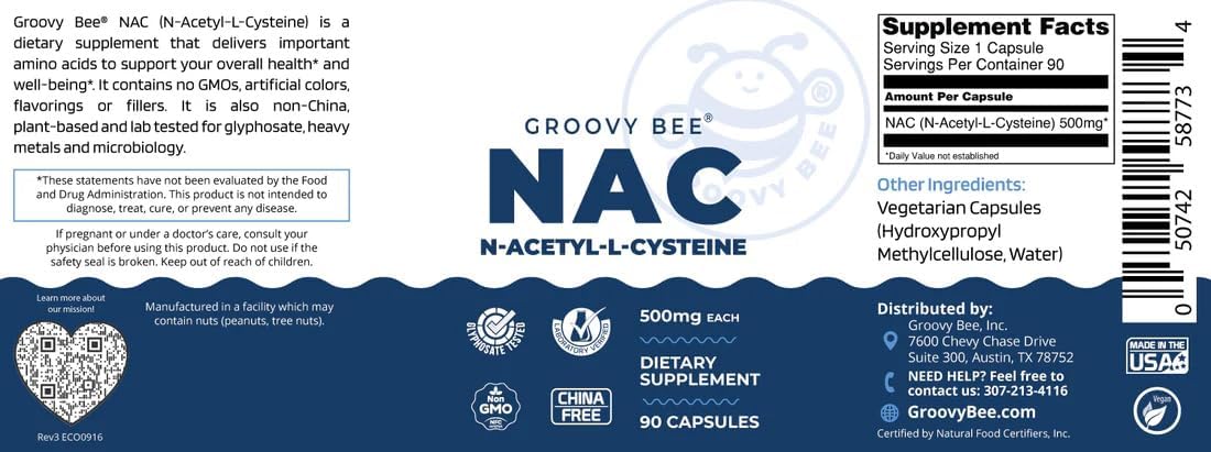GROOVY BEE® NAC (N-Acetyl-L-Cysteine) 500mg, 90 Capsules - görsel 2