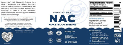 GROOVY BEE® NAC (N-Acetyl-L-Cysteine) 500mg, 90 Capsules