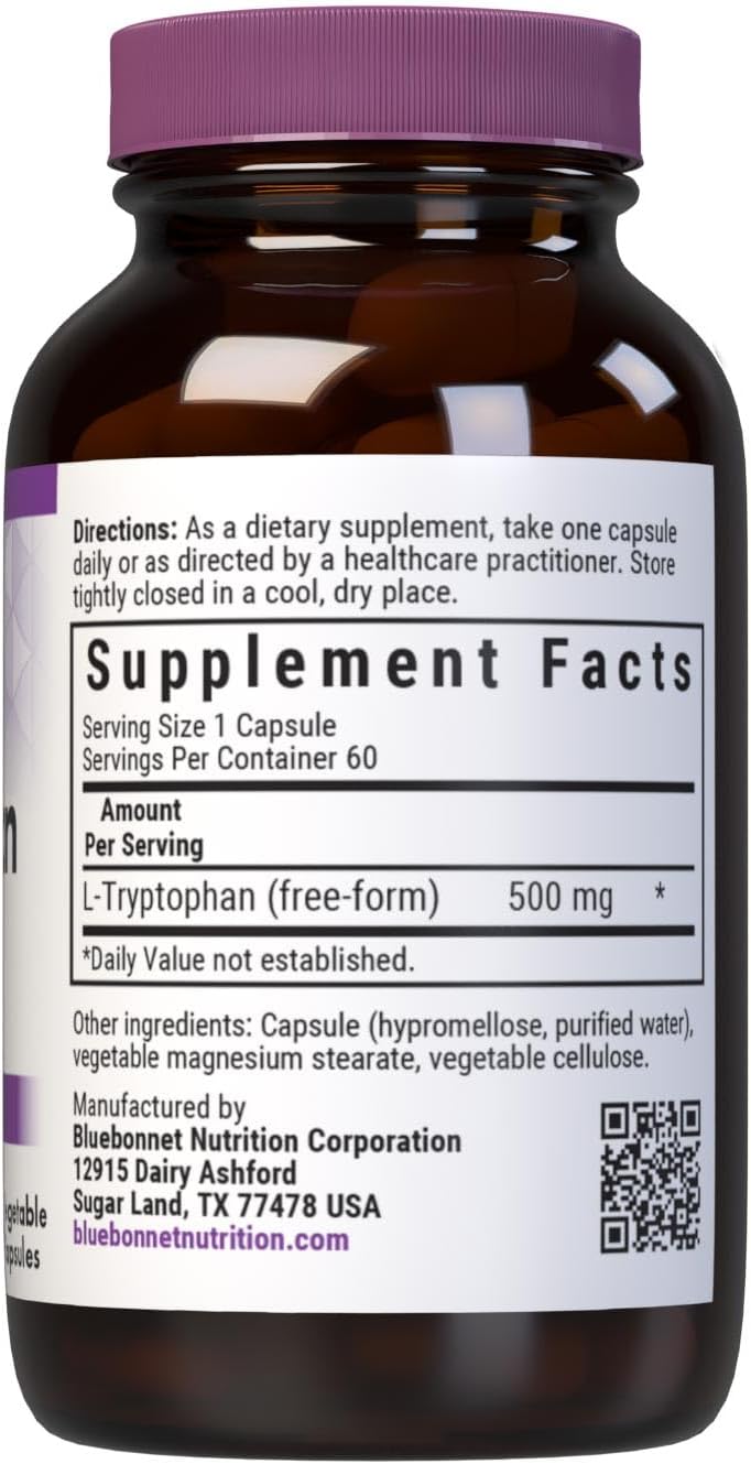 Bluebonnet Nutrition L-Tryptophan 500mg – Neurotransmitter Support, Soya-Free, Vegan – 60 Capsules - görsel 2