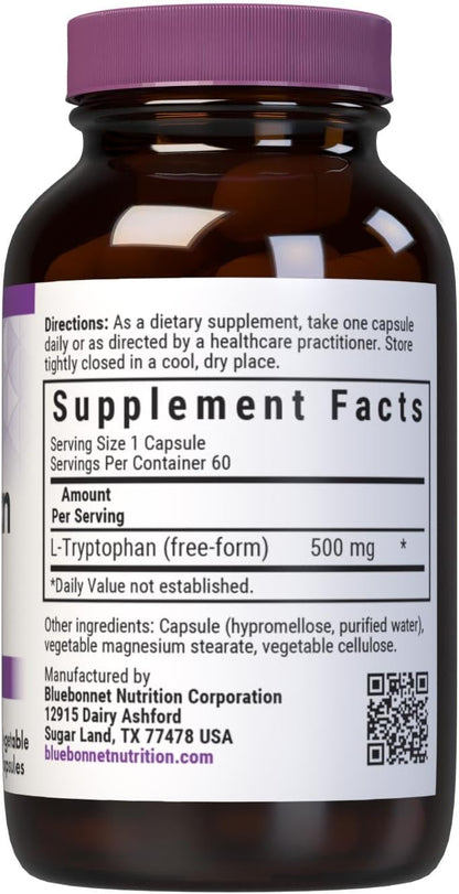 Bluebonnet Nutrition L-Tryptophan 500mg – Neurotransmitter Support, Soya-Free, Vegan – 60 Capsules