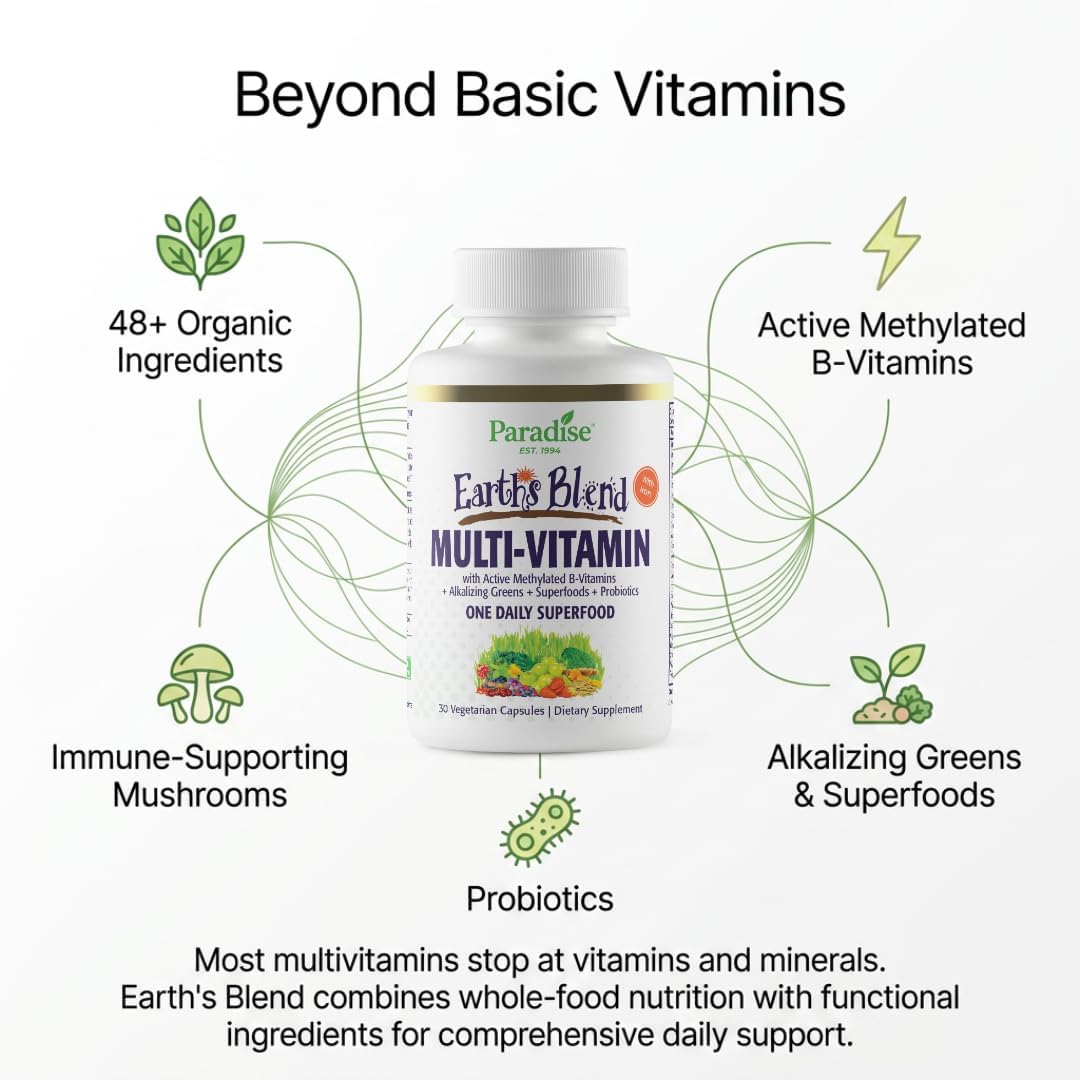 Paradise Herbs Earth's Blend Once Daily Multivitamin with Iron, 48 Organic Superfoods, Probiotics, Antioxidants, Vitamins A, B12, C, D, K2, Daily Superfood, 30 Capsules - görsel 3