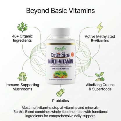 Paradise Herbs Earth's Blend Once Daily Multivitamin with Iron, 48 Organic Superfoods, Probiotics, Antioxidants, Vitamins A, B12, C, D, K2, Daily Superfood, 30 Capsules