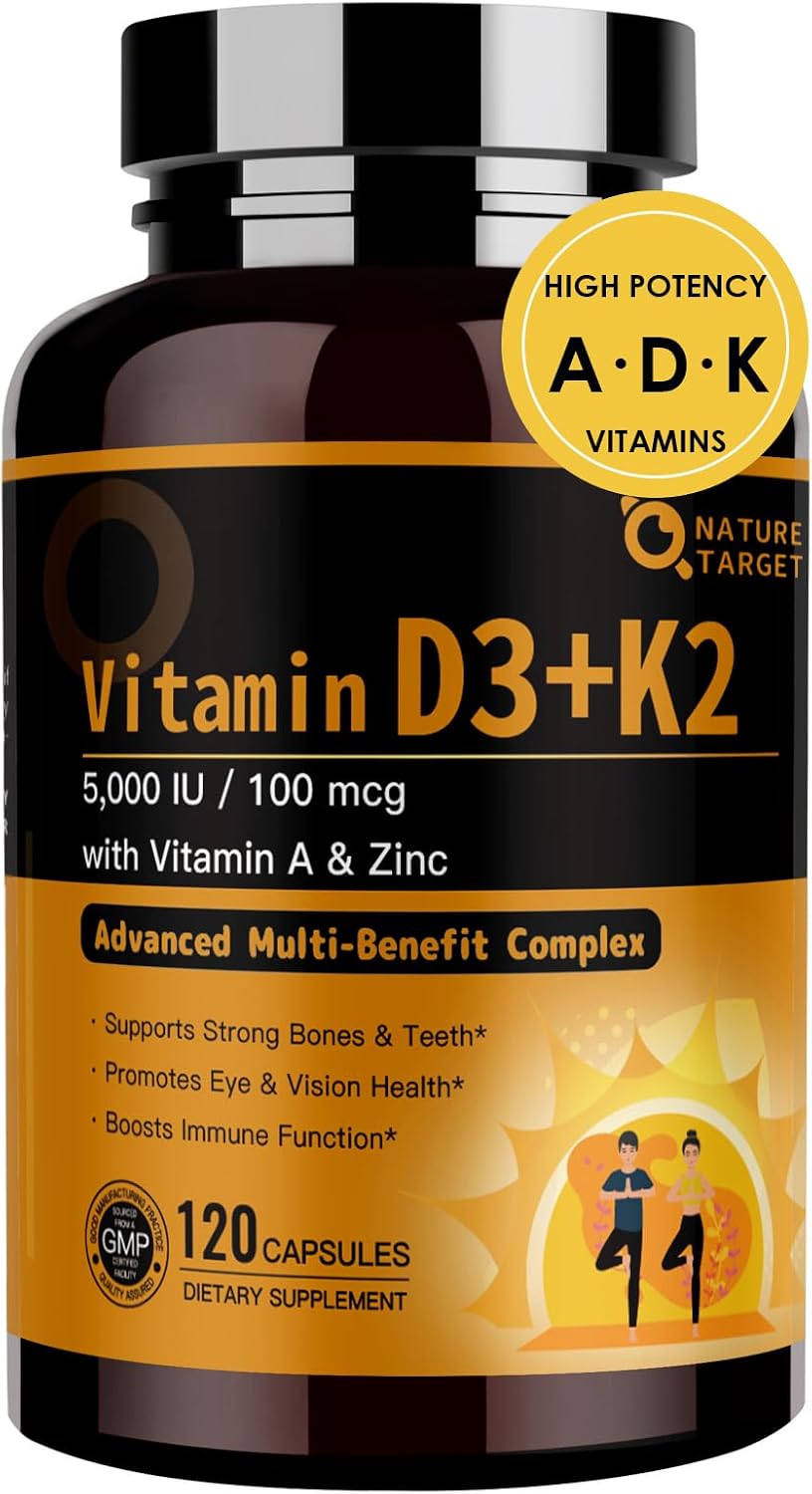 NATURE TARGET Vitamin D3 K2 5-in-1 Complex with Vitamin A – 5000 IU D3, 100 µg K2 MK-7, 120 Capsules - görsel 1