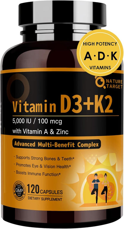 NATURE TARGET Vitamin D3 K2 5-in-1 Complex with Vitamin A – 5000 IU D3, 100 µg K2 MK-7, 120 Capsules
