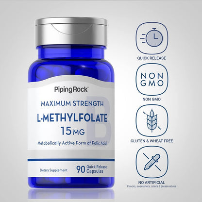 Piping Rock L-Methylfolate 15 mg | 90 Capsules | Maximum Strength | Bioactive Folate Supplement | Non-GMO, Gluten-free