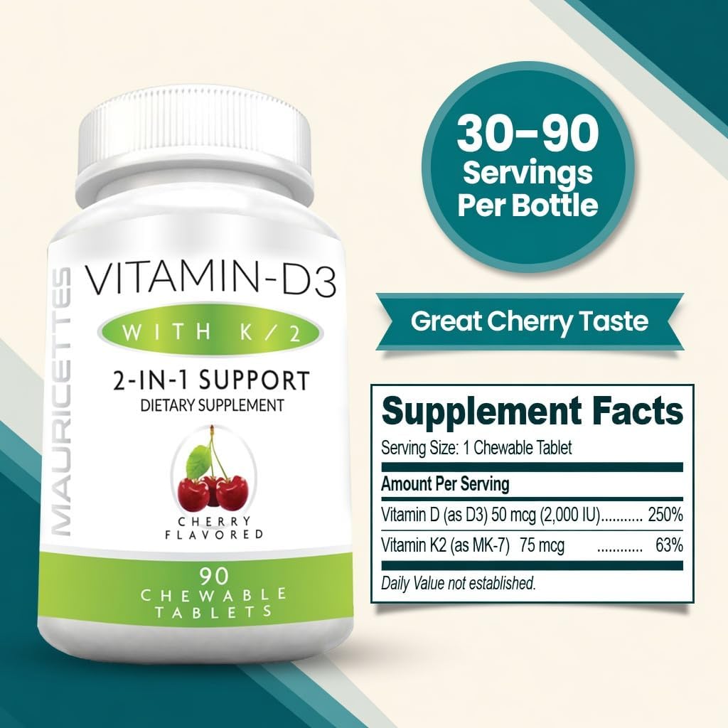 Mauricettes Chewable Vitamin D3 + K2 (MK-7) - Cherry Flavour - 2,000 IU, 90 Tablets - görsel 5