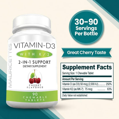 Mauricettes Chewable Vitamin D3 + K2 (MK-7) - Cherry Flavour - 2,000 IU, 90 Tablets