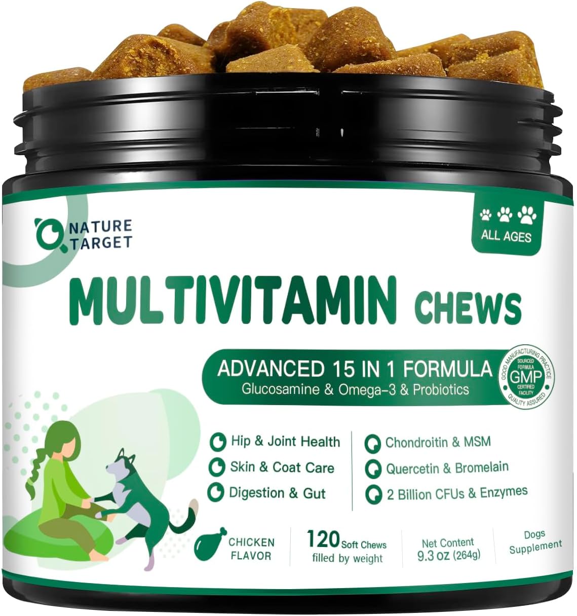 NATURE TARGET Multivitamin for Dogs – with MSM & Glucosamine, Omegas 3 & 6, Probiotics for Digestive Health, Joint Support, Skin & Coat, Immune System & Overall Health, 120 Soft Chews - görsel 1