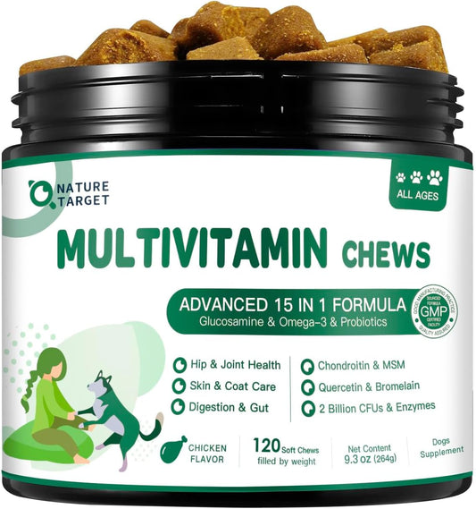 NATURE TARGET Multivitamin for Dogs – with MSM & Glucosamine, Omegas 3 & 6, Probiotics for Digestive Health, Joint Support, Skin & Coat, Immune System & Overall Health, 120 Soft Chews
