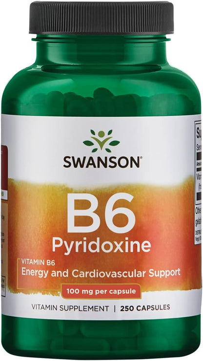 Swanson B6 Pyridoxine - Vitamin B6 Supplement for Energy and Heart Health (250 Capsules, 100mg Each)