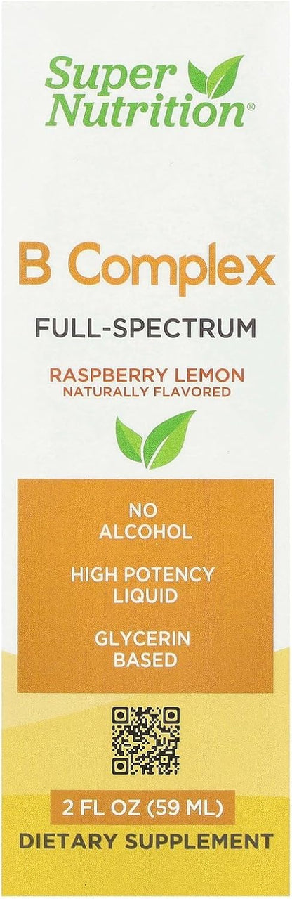 SuperNutrition B Complex Full Spectrum - Liquid with Vitamin B12, Biotin, Niacin and Pantothenic Acid, Raspberry Lemon Flavour, 2 fl oz (59 ml)