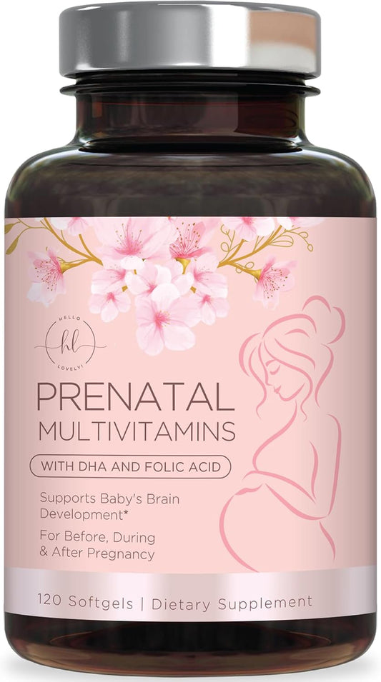 Prenatal Vitamins for Women with Folic Acid + Omega 3 DHA for Foetal Development Support – Daily Pregnancy Multivitamin – 120 Softgels