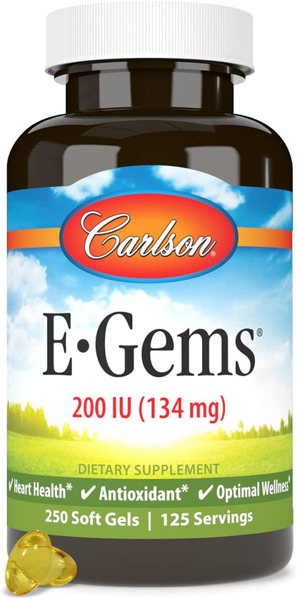 Carlson E-Gems 200 IU (134 mg), Natural-Source Vitamin E, Optimal Wellness, 250 Soft gel capsule Capsules