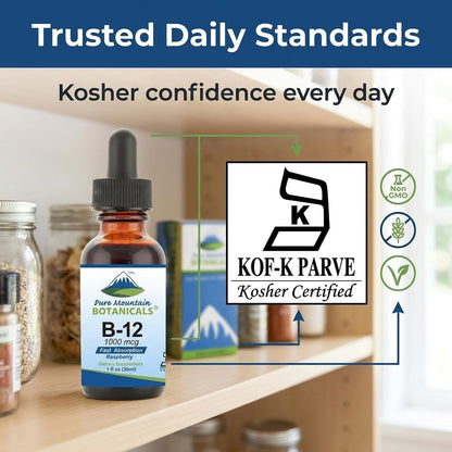 Pure Mountain Botanicals B12 1000 mcg - B12 Complex - Natural Berry Flavour - 30 Servings - Liquid Drops Vitamin - Kosher Supplement
