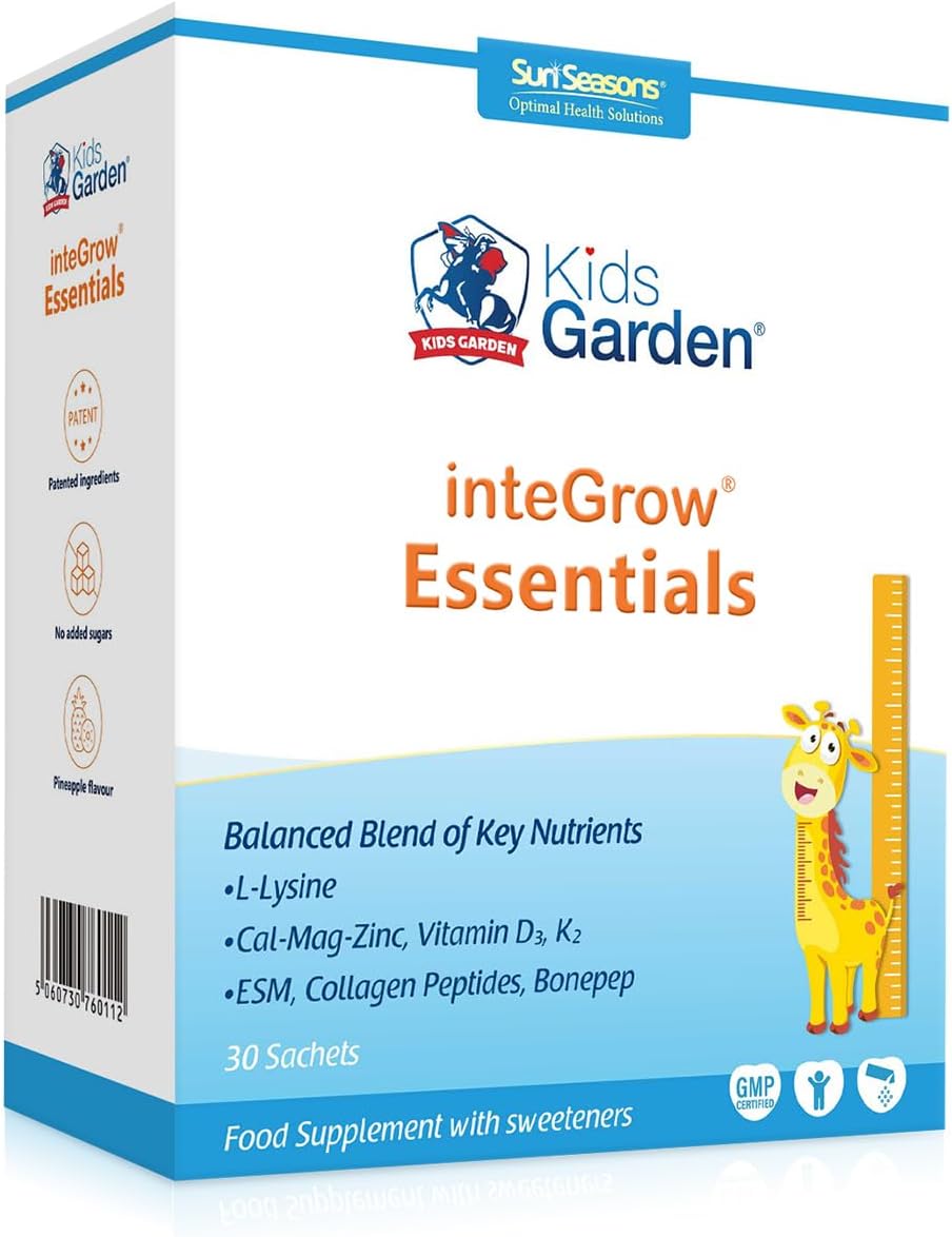Kids Garden inteGrow Growth Essentials Lysine Bone Protein Supplement Powder for Children 3-18 with Calcium Magnesium Zinc Vitamin D3 K2 CPP OPN CBP – Pineapple Flavour (30 Packets) - görsel 1