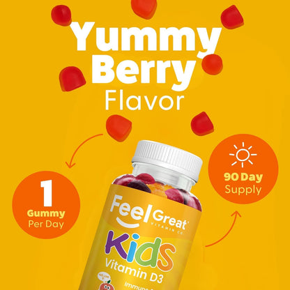 Feel Great Kids Vitamin D3 1000 IU Gummies (2-Pack) | Citrus Flavoured Vegetarian D3 for Immune & Bone Health