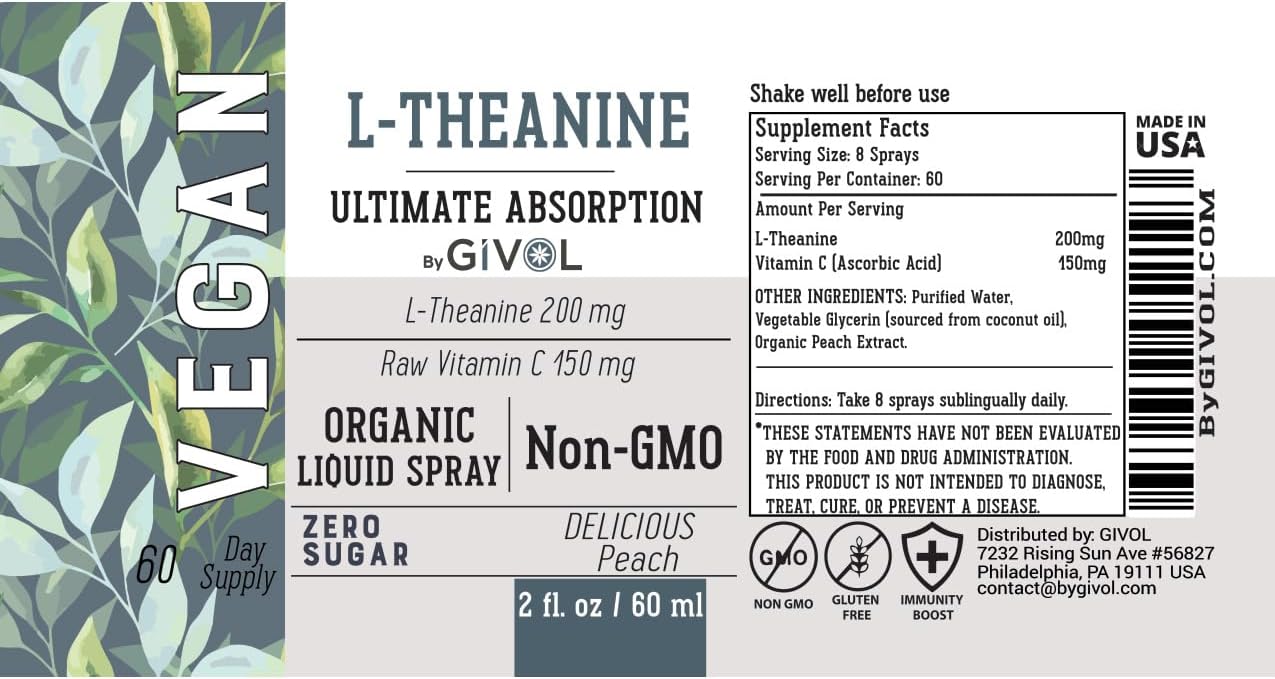 GIVOL L-Theanine & Vitamin C Liquid Spray, Peach Flavour, 60 ml (2 fl oz) - 60 Servings - görsel 3