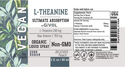 GIVOL L-Theanine & Vitamin C Liquid Spray, Peach Flavour, 60 ml (2 fl oz) - 60 Servings
