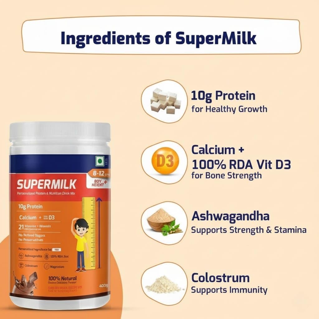 Supermilk Height+ for Boys 8-12 Years – Tailored Health Drink with Protein, Calcium, D3 & 21 Vitamins & Minerals – Double Chocolate – 400g Powder - görsel 5
