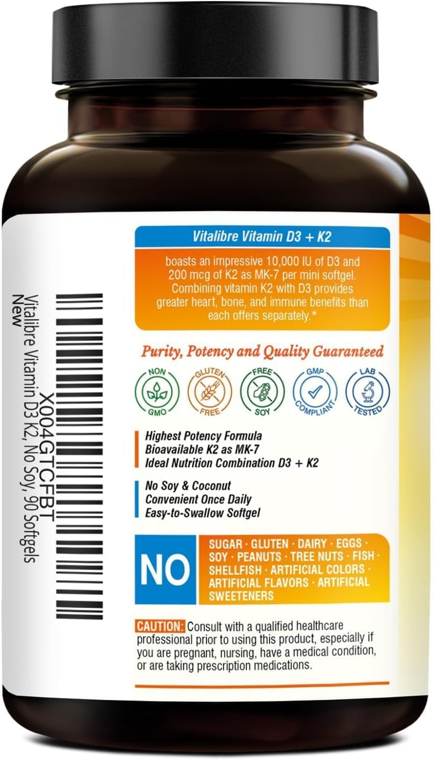 Vitalibre Vitamin D3 K2 Supplement, 10000 IU D3 / 200 mcg K2 MK7, 90 Soft gel capsules - görsel 9