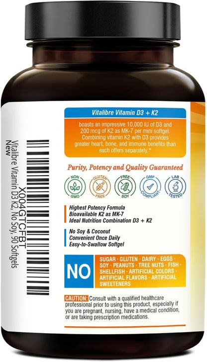 Vitalibre Vitamin D3 K2 Supplement, 10000 IU D3 / 200 mcg K2 MK7, 90 Soft gel capsules
